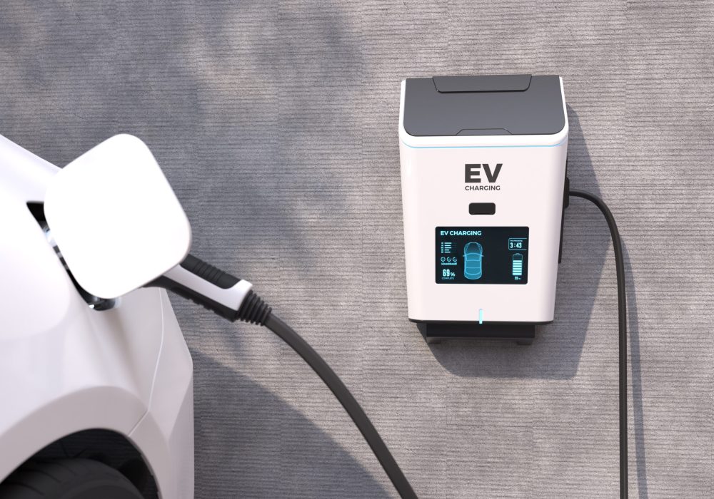 EV Charging Station, Clean energy filling technology, Electric car charging. 3D illustration